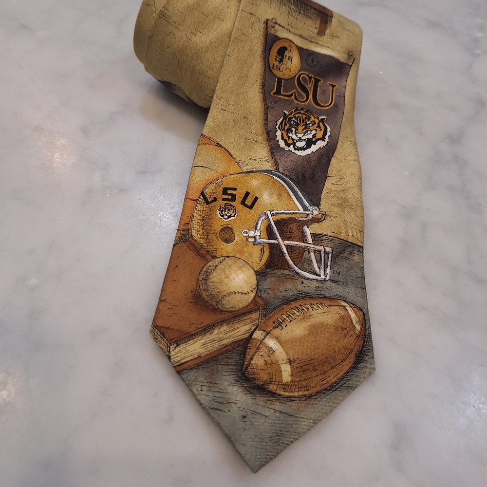 Vtg 90s LSU Tigers Silk Necktie Mens OS Tan Sports Collage Football Eagles Wing